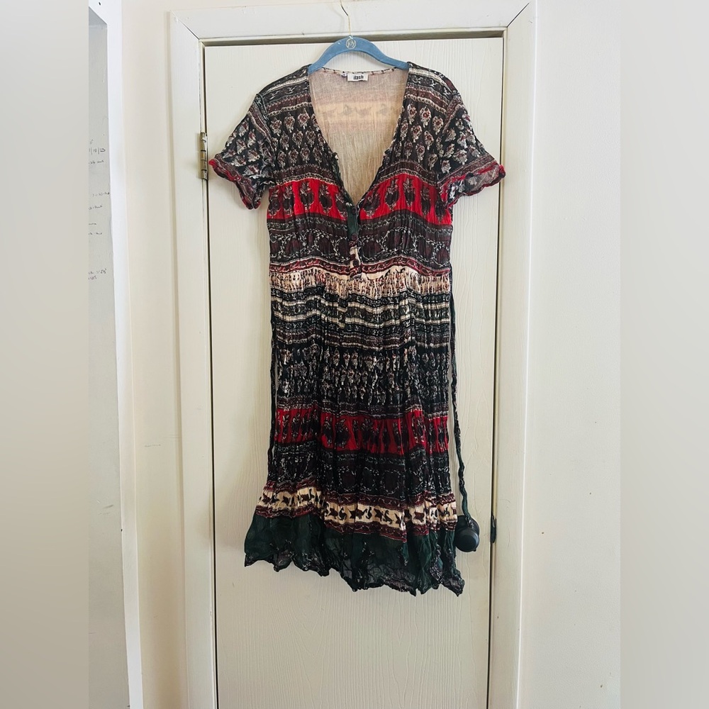 Vtg Indian Block Print 100% Cotton Crinkle Festival Hipoie midi tie back dress S